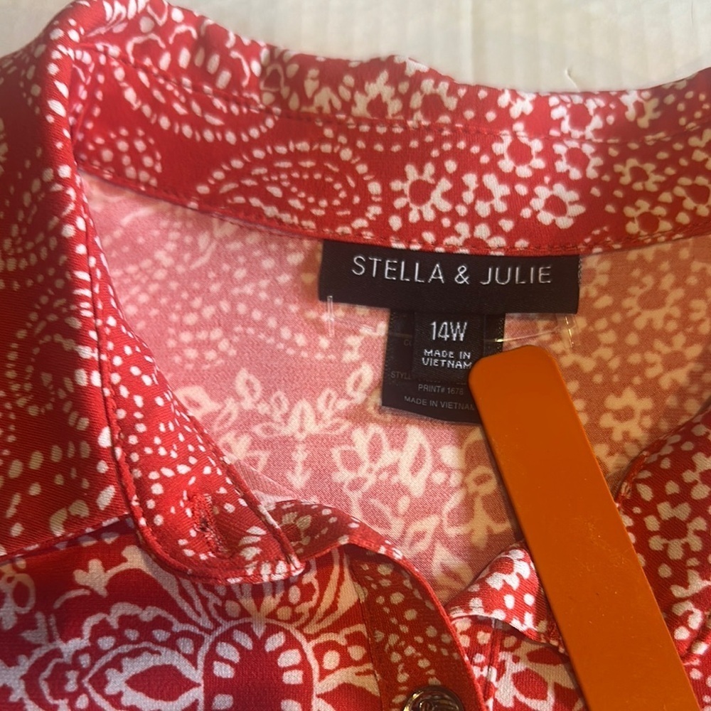 NWT Stella & Julie orange red & white A-Line Mini Dress Polo Collar button down - Picture 5 of 7